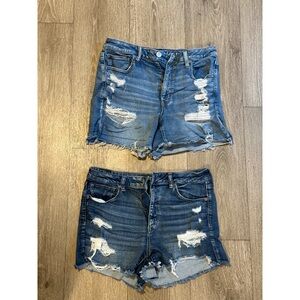 American Eagle Outfitters Distressed Blue Denim Shorts Hi Rise Shortie Size 14